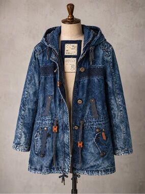 🔥 Vintage Denim Parka Jacket Khujo Western Americana Hooded Utility M-L